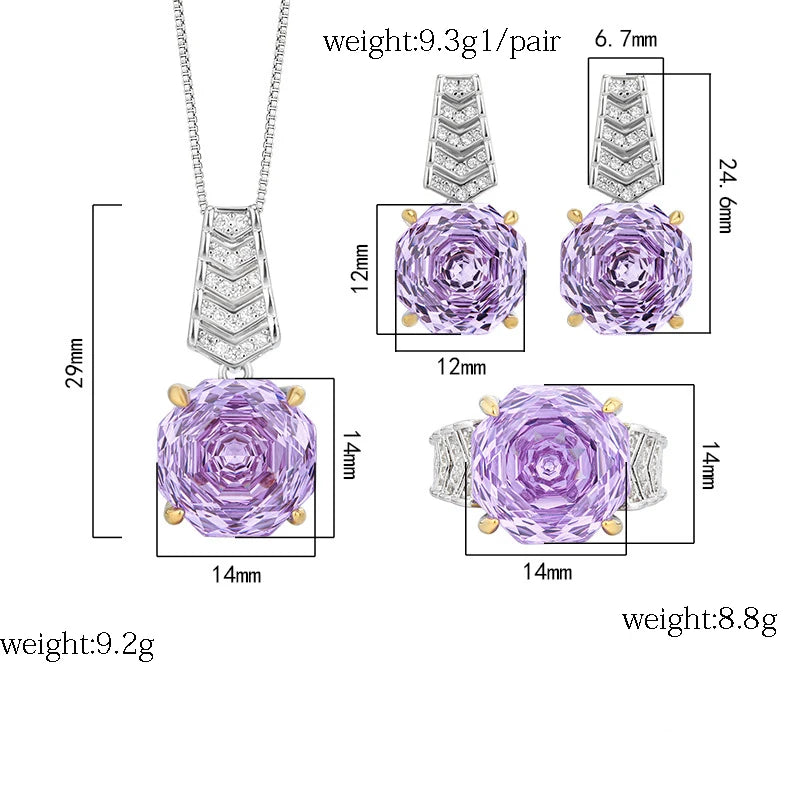 Gemfiori Ose Purple Set Necklace Ring Earrings Zircon Luxury Jewelry Women's Wedding Bridal Clothing Accessories Set