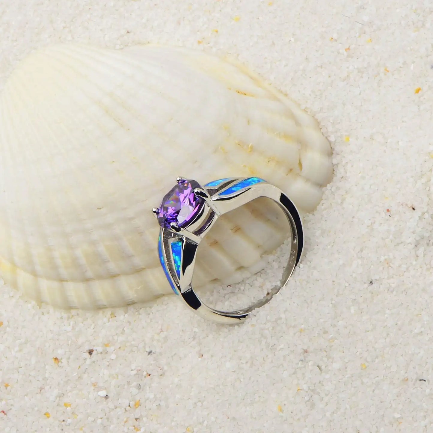 Purple Crystal & Blue Opal Ring | Silver Statement Band Jewelry