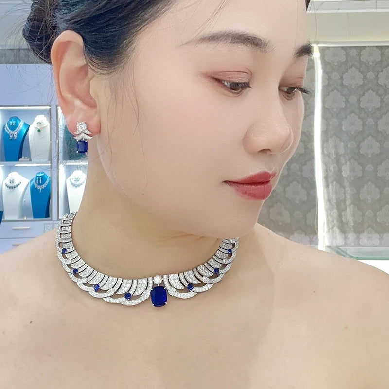 Cornflower Blue Zirconia Feather Shaped  Necklace Earrings 2-piece Set Skin Friendly Spring Buckle Design Women's Wedding Gift