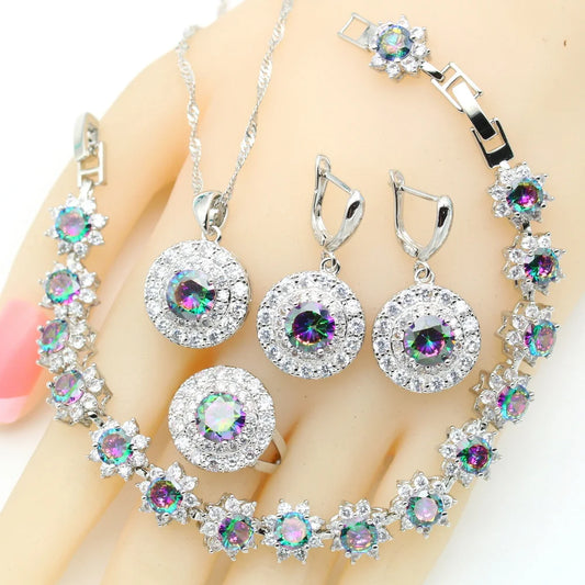 Women's round Rainbow Zirconia Jewelry Set Includes Bracelet Earrings Ring Pendant Necklace for Weddings and Parties