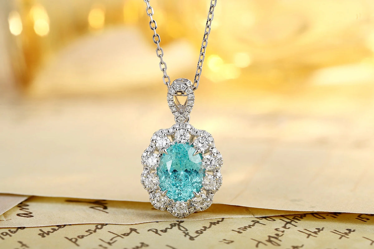 Gemfiori Anster Paraiaba Mian Stone Oval Cutting Platinum Necklace Attractive Length 16cm 3.9ct Customizable Style Women's Necklace