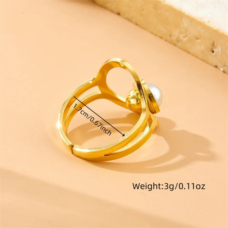 High Quality Fashion Stainless Steel Geometric Necklace Earrings and Ring Set with Pearl Women Luxury Gold Jewelry Set