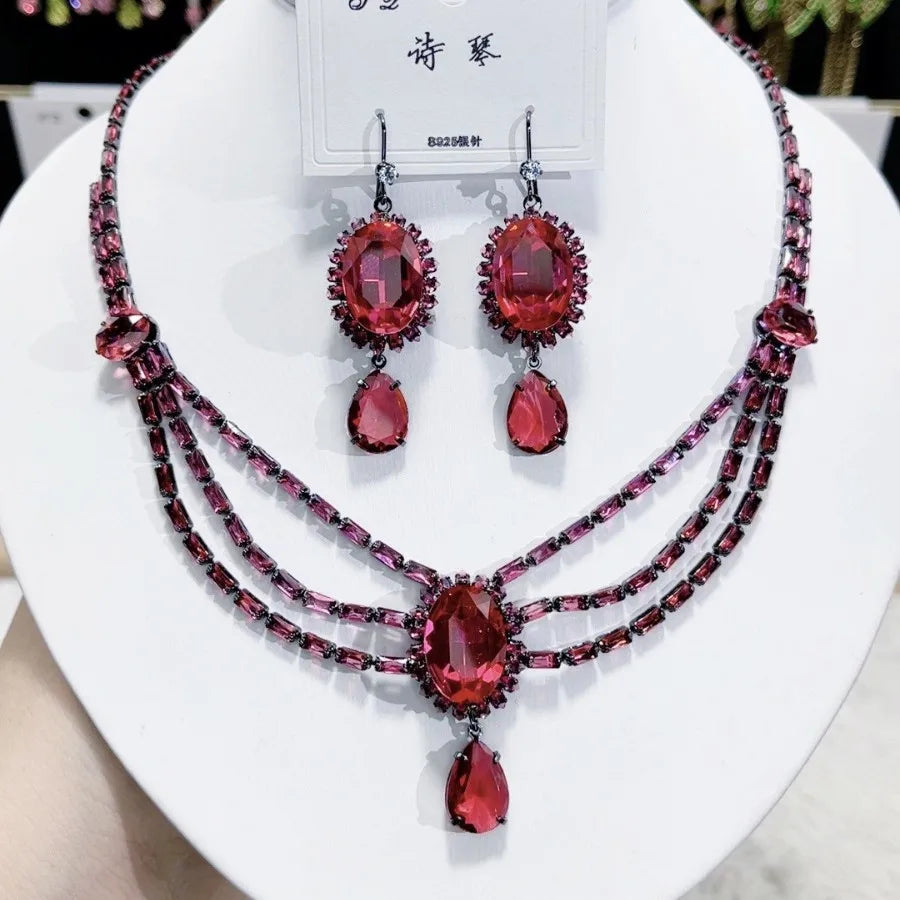 K086 High End Women Exquisite Luxurious Geometric Red Zircon Bridal Necklace Earrings Set Wedding Elegant Jewelry Set