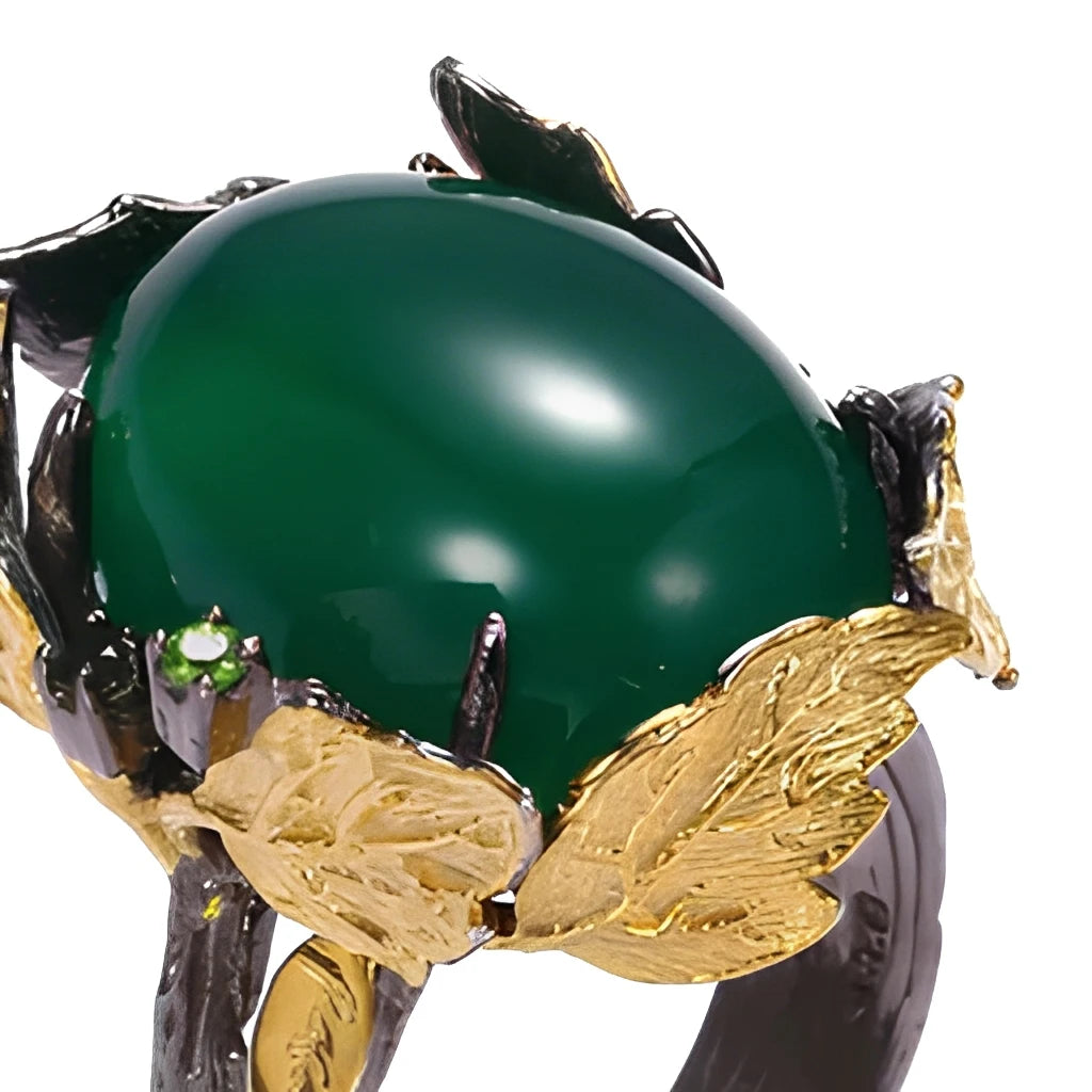 Big Natural Green Agate 925 Silver Leaf Ring for Gift