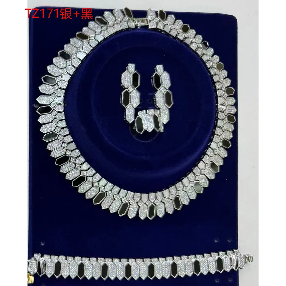 Middle Eastern Luxury Gold Jewelry Set with White Shell Black Agate Cubic Zirconia Chocker Necklace Earring Ring Bracelet Sets