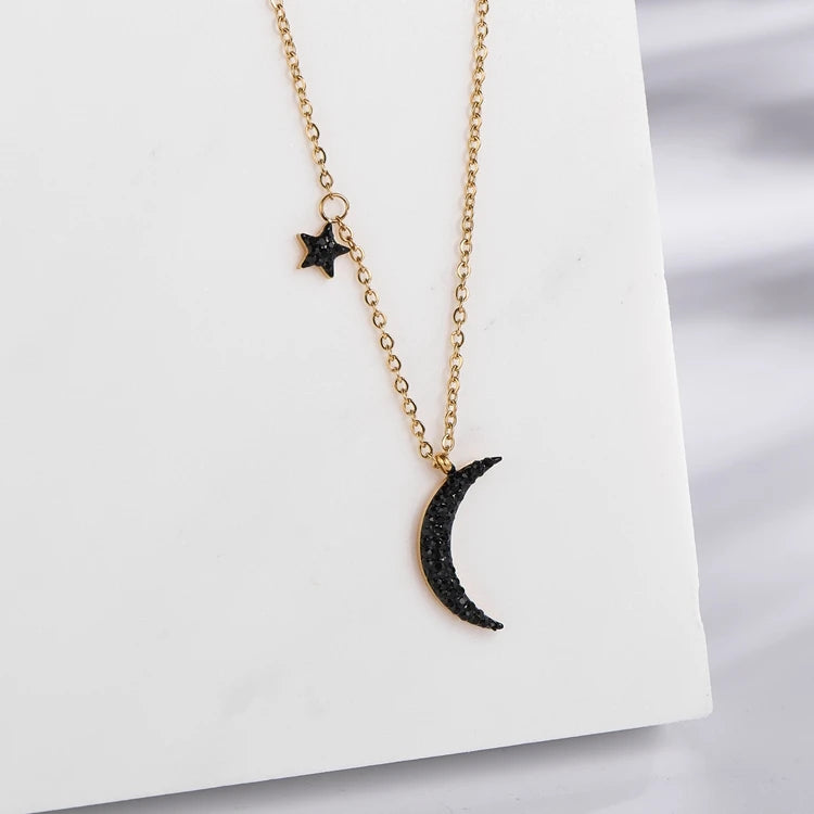 S&S Hot Sale Women 18K Gold Plated Black Crystal Crescent Star Moon Pendant Necklace with Link Chain Stainless Steel Alloy