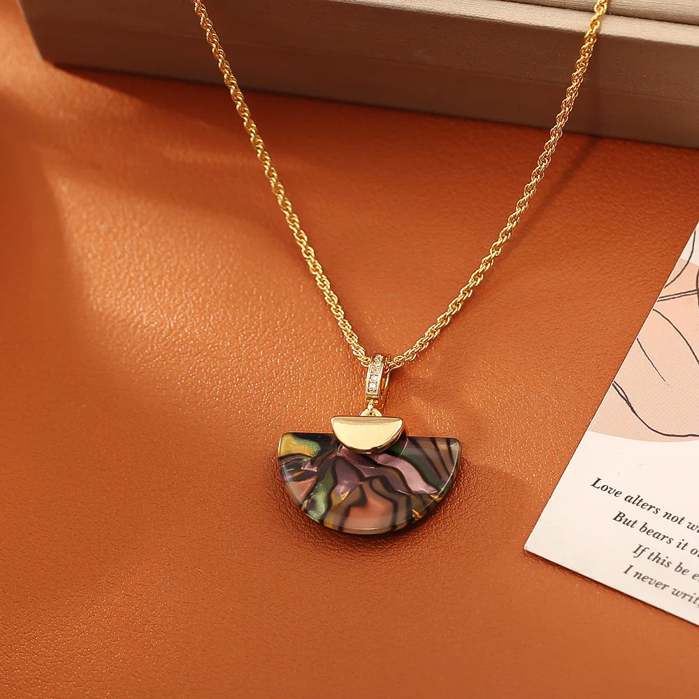 Mother-of-Pearl Shell Pendant Necklace & Earrings | Real Gold Plated Copper Collarbone Chain | Blue, Coffee & Red