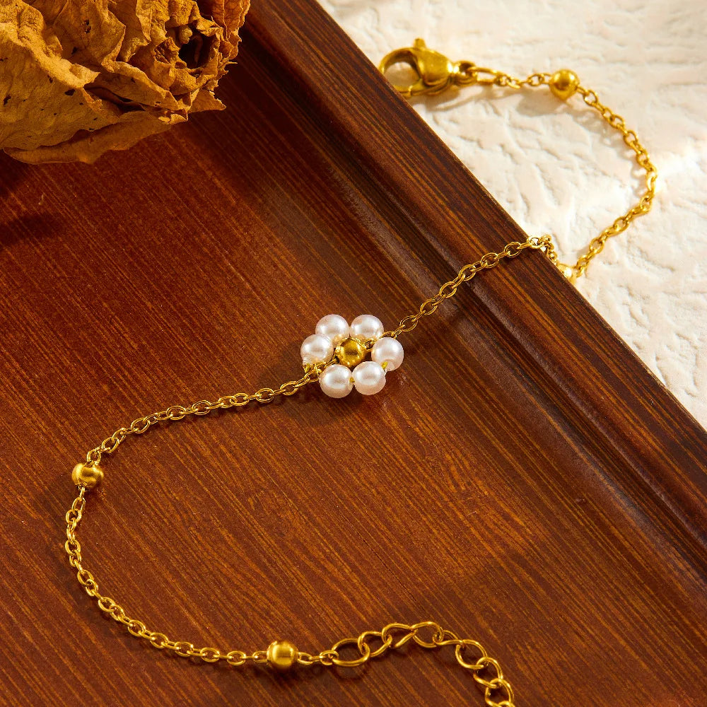 Gold White Flower & Pearl Necklace, Earrings & Bracelet Jewellery Set | Fashion Set