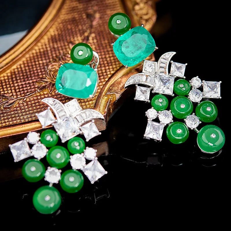 Exaggerated Luxury Paraiba Pendant Jewelry Green Emerald Zirconia Beads Tassel Special Pattern Design Necklace Earring  Set