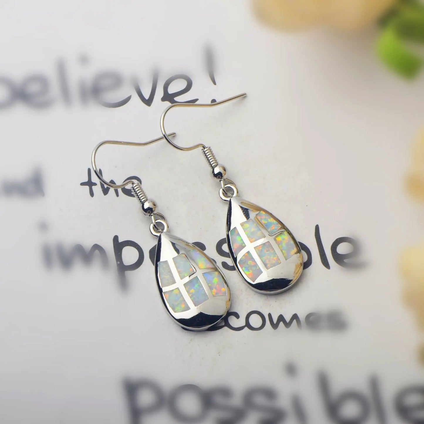 Patchwork Teardrop Opal Drop Earrings - Iridescent Opal Mosaic Design | Artistic Daily Jewelry Bulk Gifts