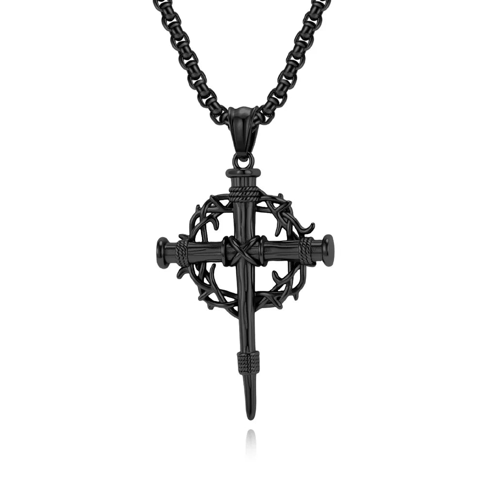 REDheart Thorn Wreath Cross Religious Anti Non Tarnish WaterProof Stainless Steel Fashion Jewelry Pendant Necklaces for Men