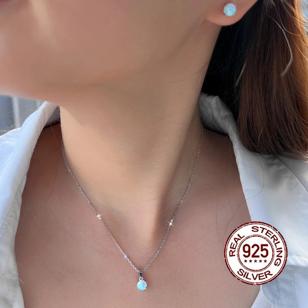 S&S 925 Silver White Opal Necklace & Earrings Set – 4-Claw Round Setting – Rhodium Plated – Collection