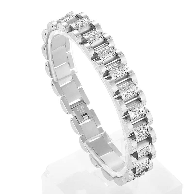 KALEN Men Vintage 210mm Gold/Silver Plated Stainless Steel Rhinestones Watchband Link Bracelets