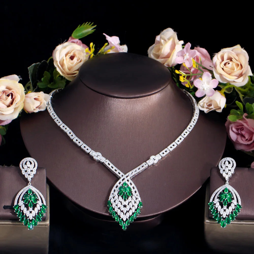 Big Chunky Dangle Drop Green Cubic Zirconia Fringed Chandelier Bridal Wedding Dubai Earring Necklace Jewelry Set