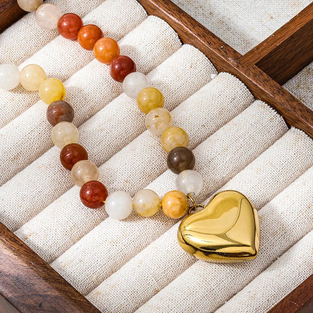 Joolim PVD Plated Wholesale Waterproof Chunky Fashion Boho Beaded Natural Stone Heart Pendant Necklace Stainless Steel Jewelry