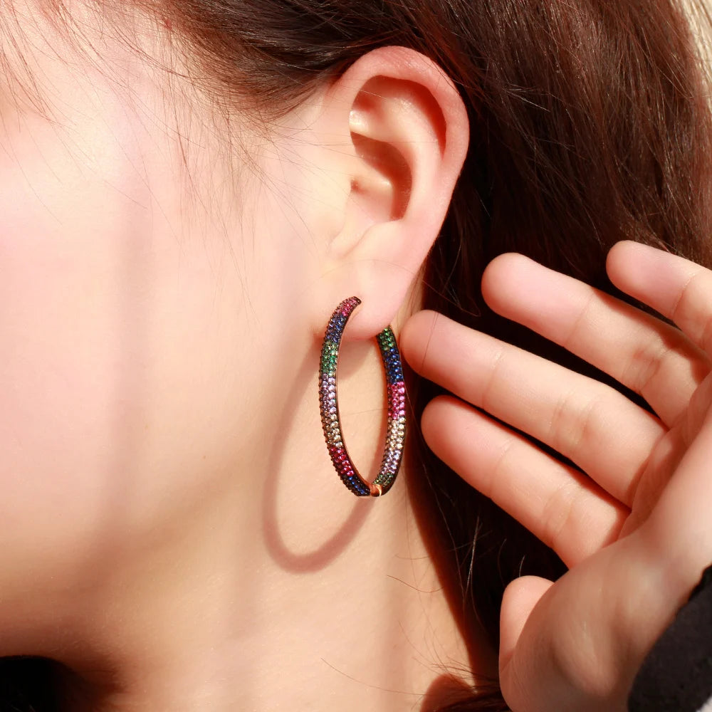 S&S Two-Tone Rainbow CZ Big Round Hoop Earrings – Black Gun & Gold Plated – Collection