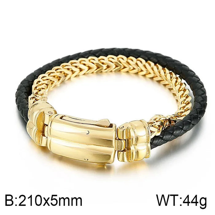 KALEN Trendy Braided Black Cowhide Leather and  Stainless Steel Bracelet Men Double Chain