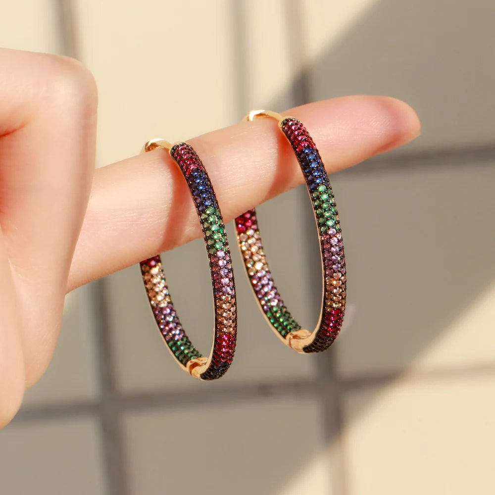 S&S Two-Tone Rainbow CZ Big Round Hoop Earrings – Black Gun & Gold Plated – Collection