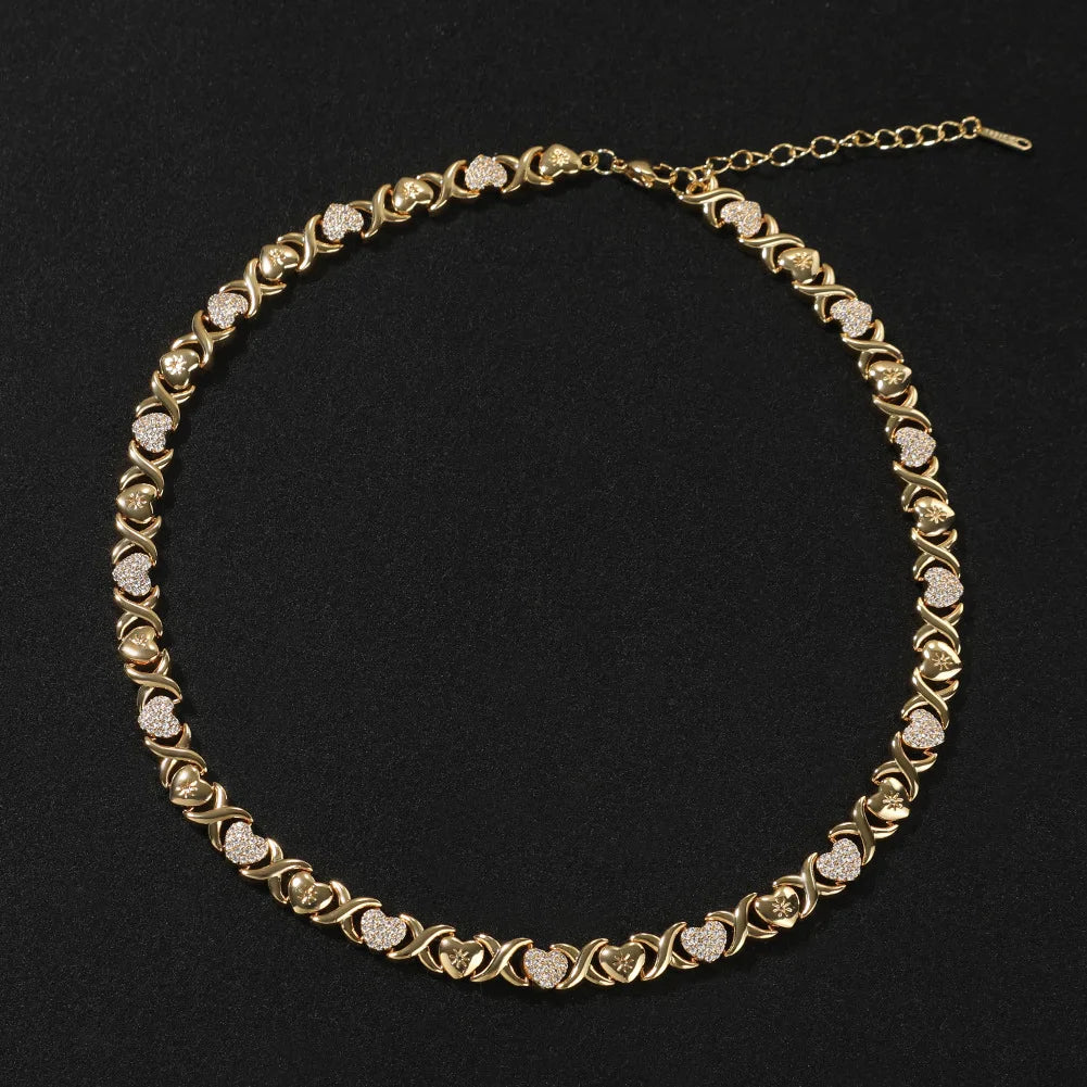 Fashion Gold Plated XOXO Hip Hop Necklace for Men and Women Micro Paved Zircon Heart Charm Choker Necklace