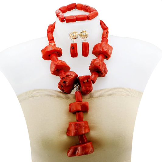 Zhuerrui Natural Red Coral Beaded Jewelry Set Vintage Irregular Shape Necklace Three-Piece Set Suitable for Women Parties YL128