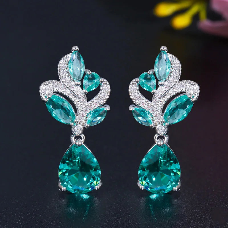 Chic Korean Style Bright Blue Waterdrop CZ Cubic Zircon Crystal Leaf Pendant Necklace Earrings Ladies Jewelry Set Gift Silver