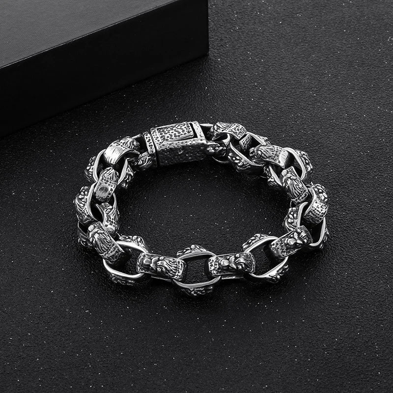 KALEN 220mm Men Punk Stainless Steel Lion Head Patterns Oval Links Bracelet
