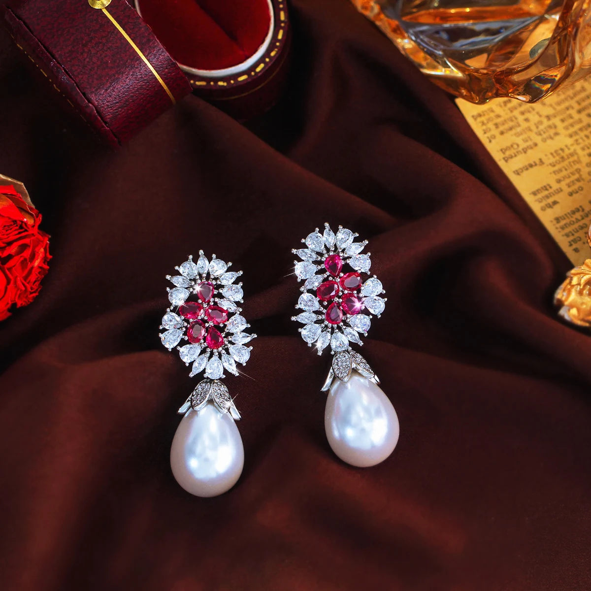 S&S Red CZ & Pearl Geometric Drop Earrings | Bridal Wedding Prom | NewLife