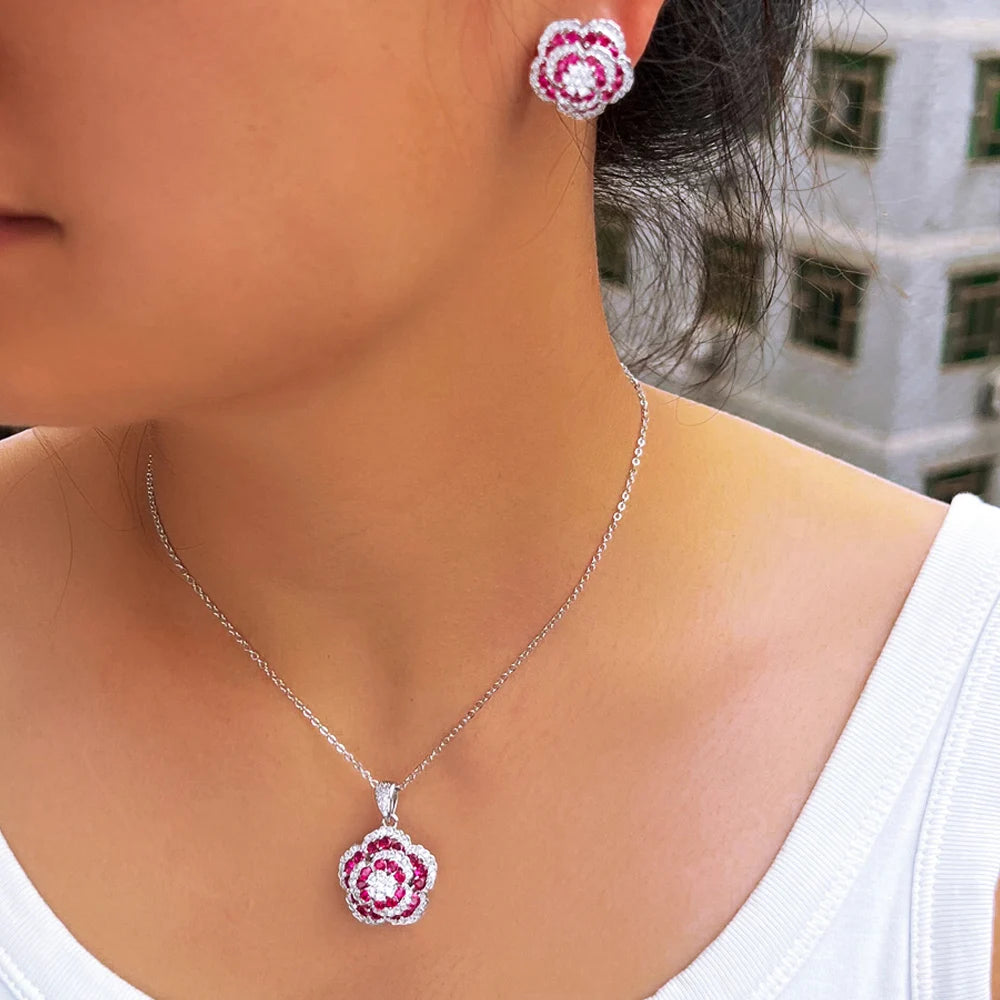 Elegant Flower Pendant Wedding Luxury Necklace and Earrings Full Zirconia Bridal Big Red Flower Shape Jewelry Set for Women