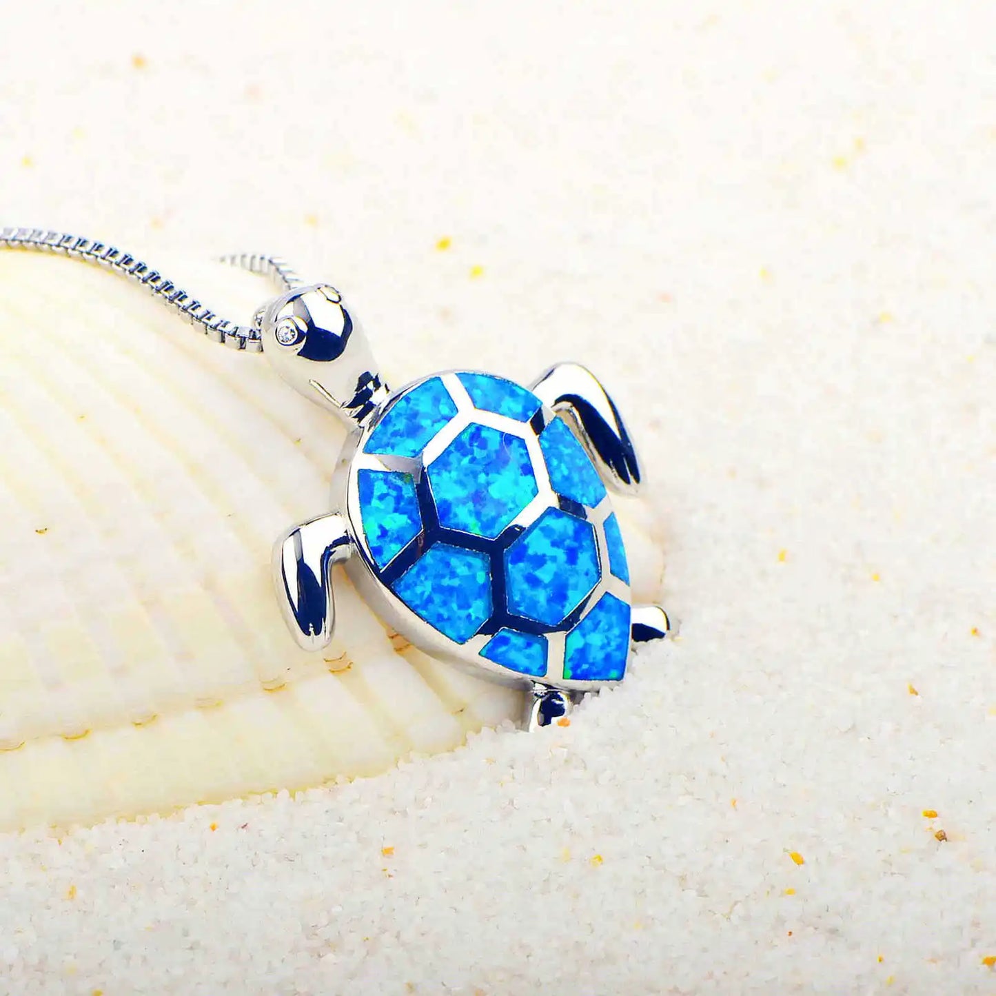 European American Style Christian Blue Opal Turtle Pendant Lariat Necklace Copper Silver Plated Animal Box Chain Minimalist