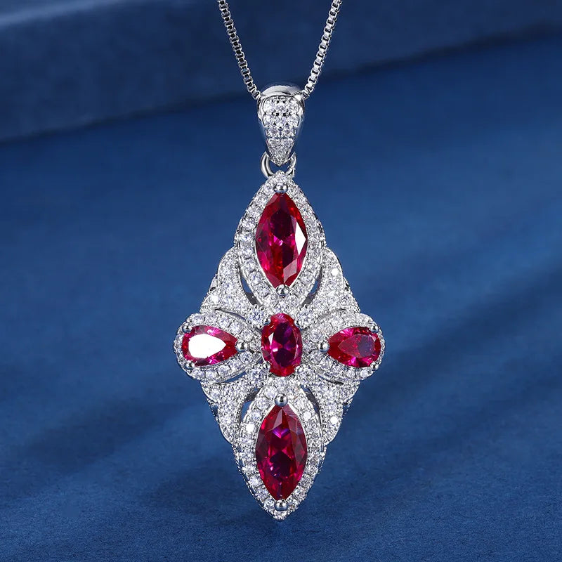 Gemfiori Pigeon Blood Red Zirconia Super Sparkling Diamond Ring Pendant with Elegant Temperament and Cool Style Fashion Set