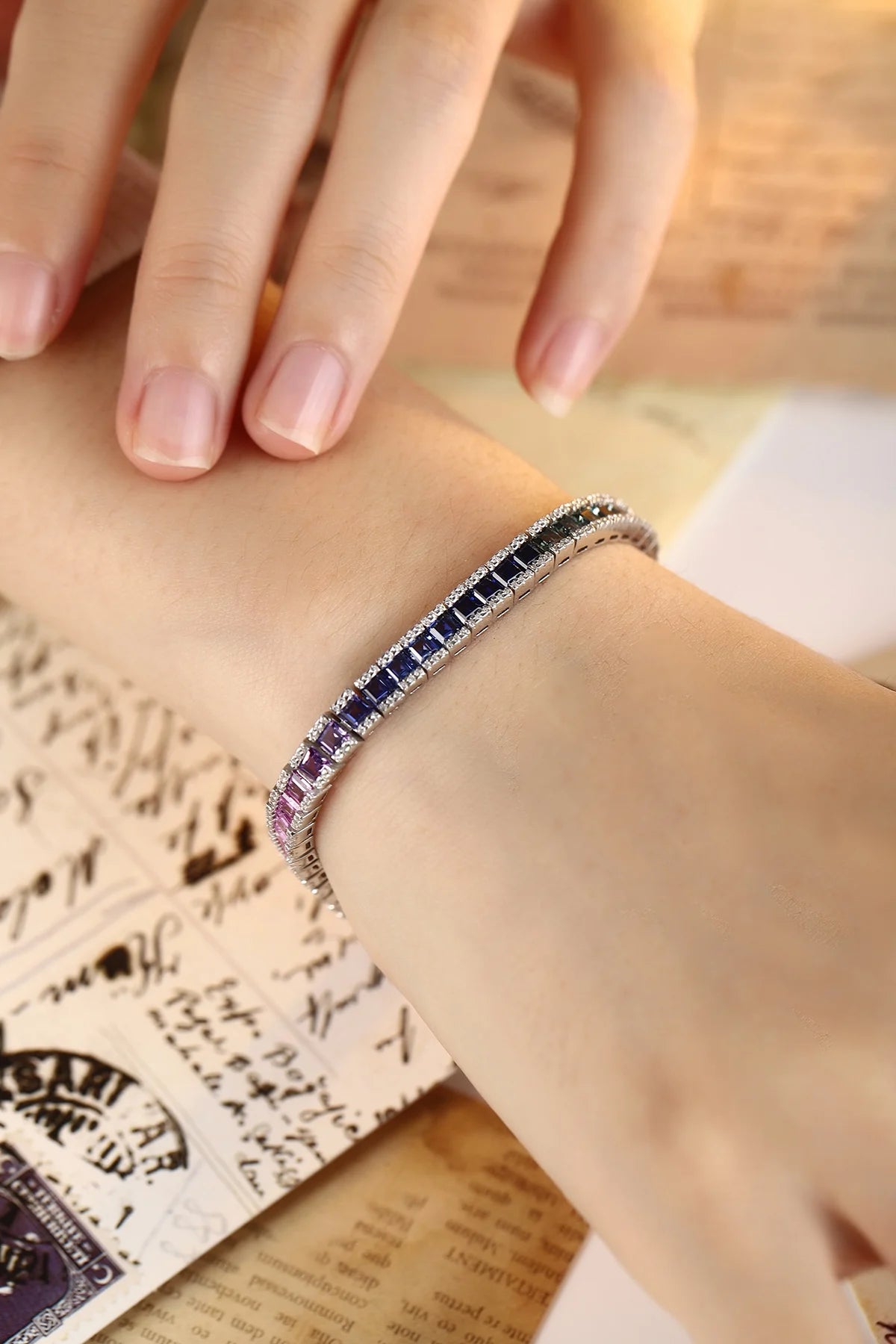 Gemfiori Rainbow Color Lab-Grown Gemstone Tennis Bracelet 925 Sterling Silver Multi-Color Princess Cut Jewelry for Gift