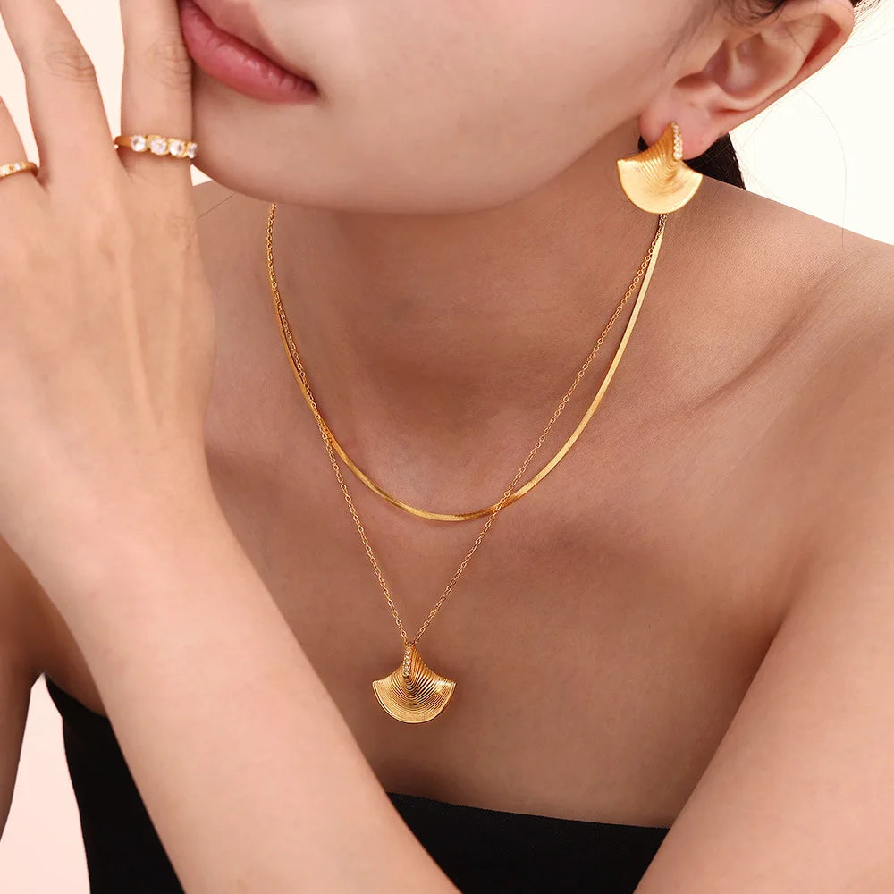 Vintage Geometric Zircon & Pearl Pendant Necklace & Earrings | Gold Plated Stainless Steel Fashion Set