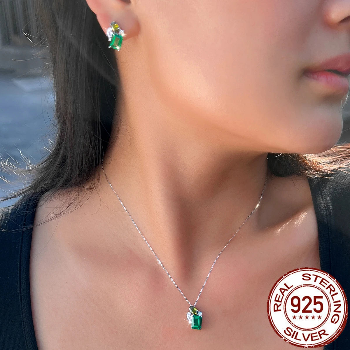 925 Sterling Silver Jewelry Set Green Baguette Cubic Zirconia Pendant Necklace Stud Earrings Jewelry Set for Women Girl Party