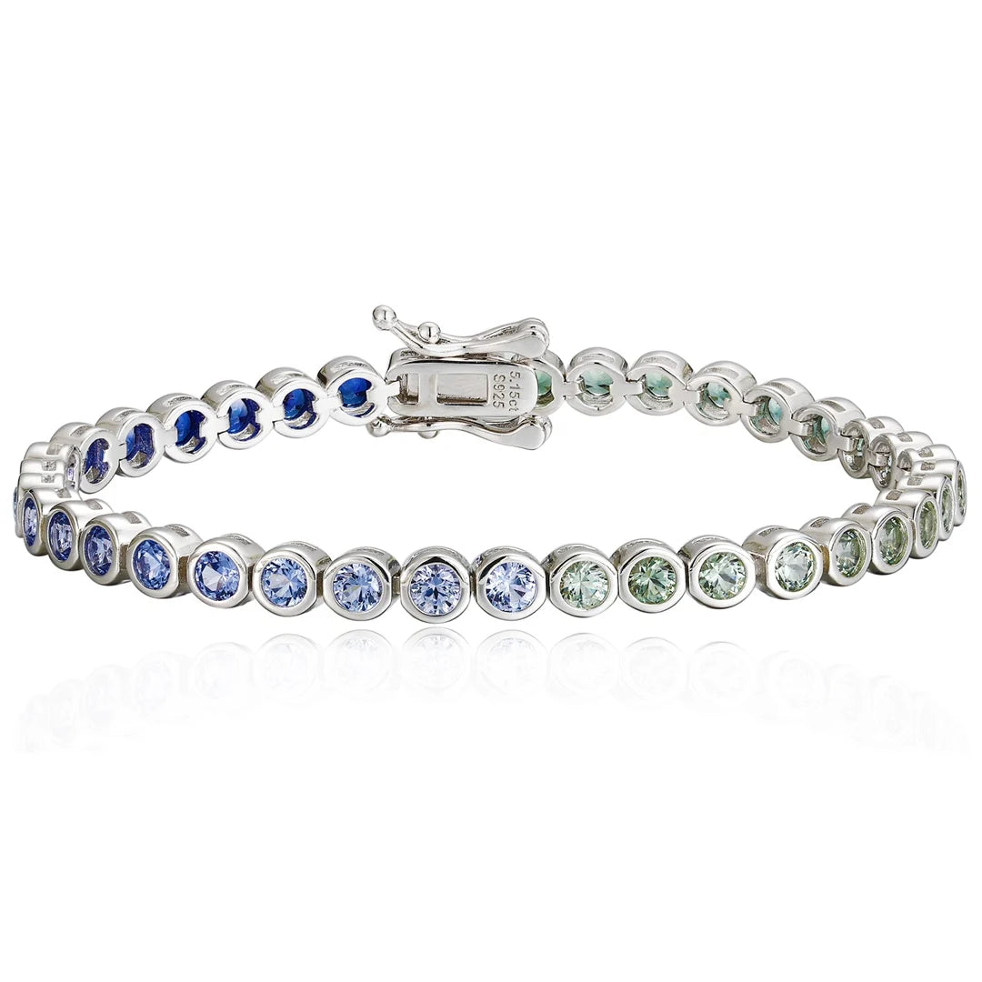 Gemfiori Rainbow Sapphires 3mm Round Tennis Bracelet 925 Sterling Silver Unisex Fashion Jewelry Lab Grown Sapphires Wedding Party