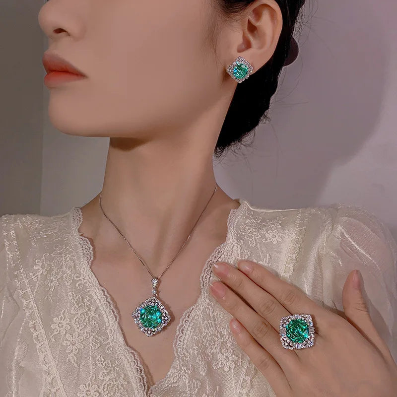 Gemfiori Luxury and High-end Sparkling Zircon Necklace Earring Ring Set Bridal Jewelry Three Piece Set Wedding Accessories
