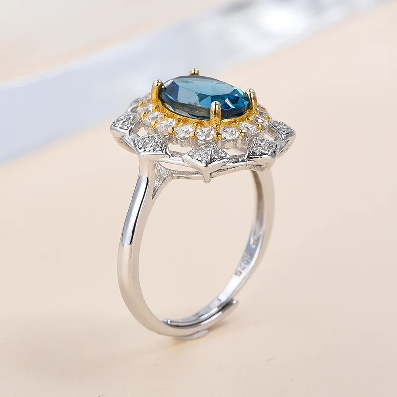 Gioiellieri High Quality 92.5% Sterling Silver Gold Plated Women's Luxury Classic Ring Natural London Blue Topaz Gemstone Oval Cut Party