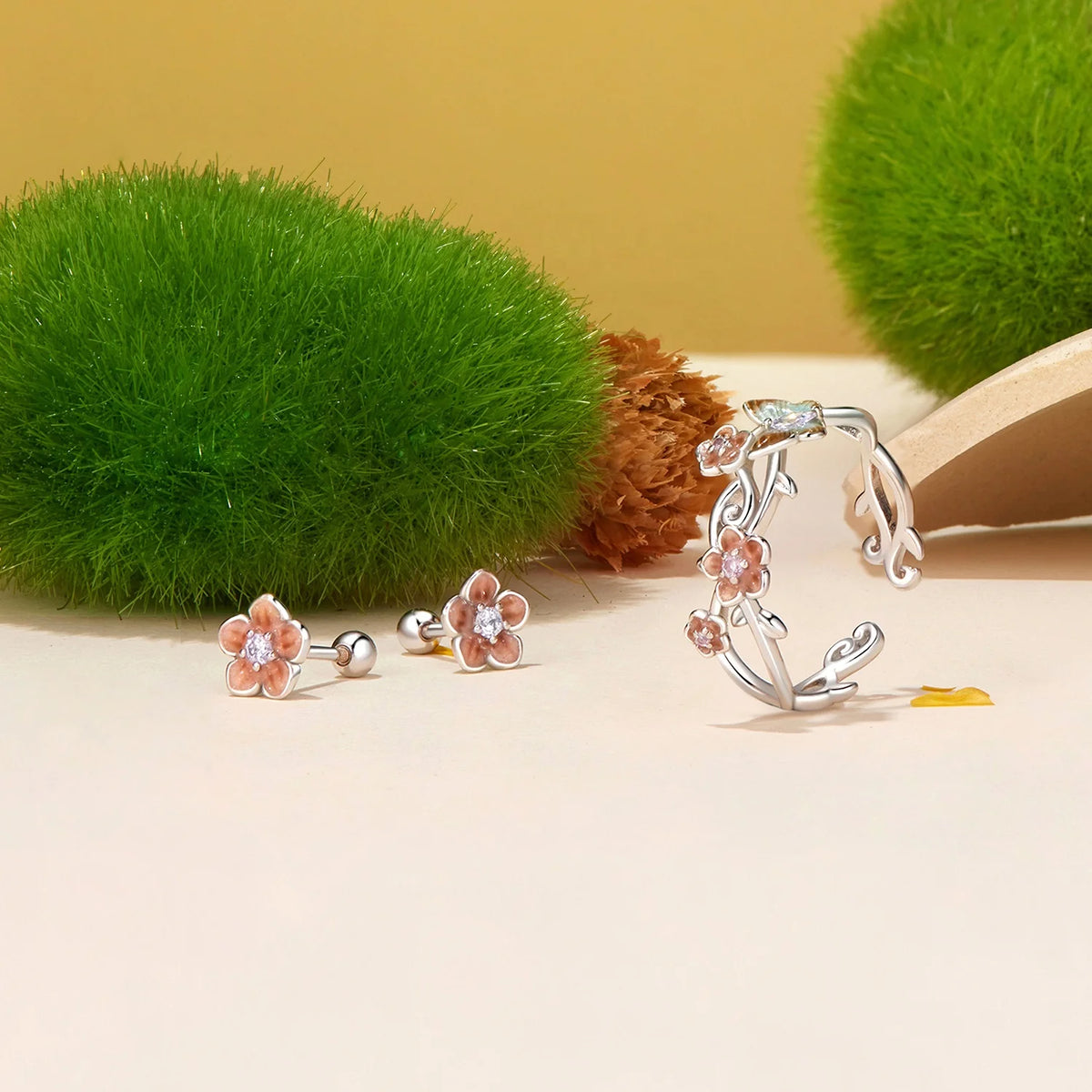 S&S 925 Silver Nature Earring & Ring Set – Butterfly, Cherry Blossom & Kingfisher – Platinum Plated – Collection