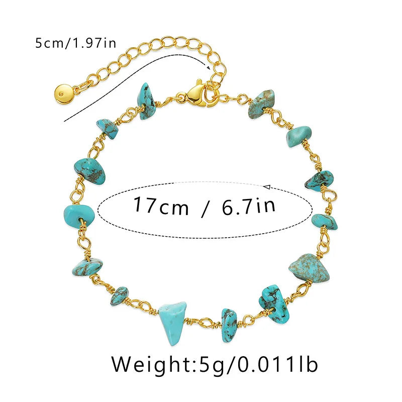 Bohemian Gravel Natural Raw Stone Chips Bracelet Anklets 22CM Crystal Amethyst Rose Quartz Turquoise Gold Plated for Women Gift