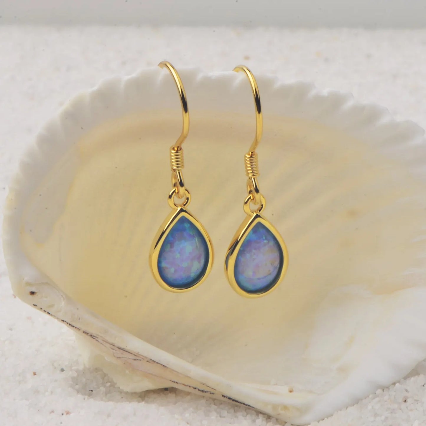 Gilded Teardrop Opal Drop Earrings - Iridescent Multi-Color Opal Inlaid | Retro-Chic Jewelry Bulk Gifts