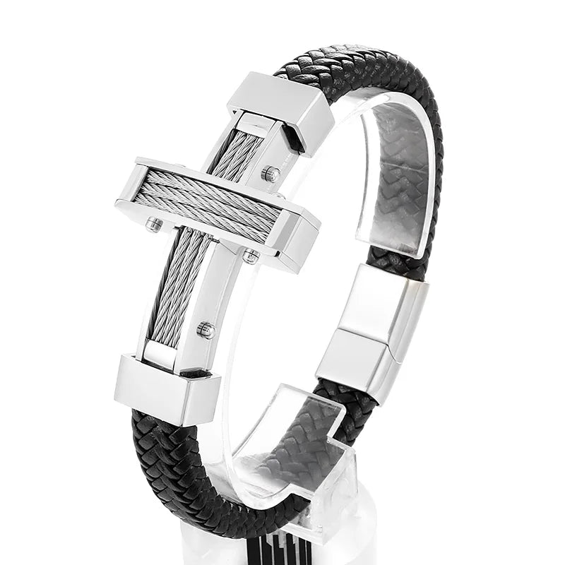 KALEN 215mm Trendy Silver/Gold/Black/Grey Cowhide Leather Bracelet With Stainless Steel Cross