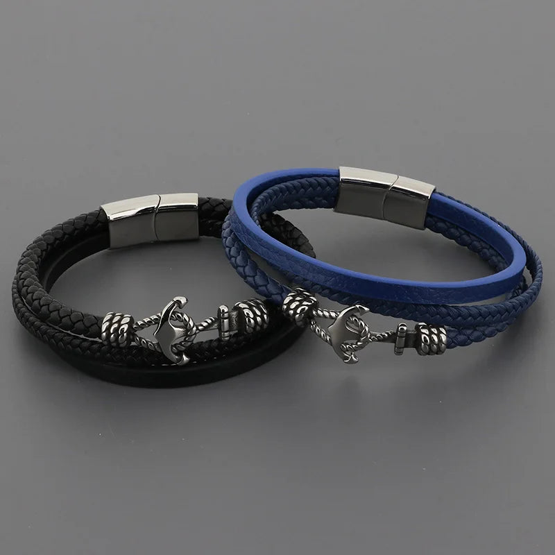 KALEN 210mm Men Vintage Multiple Style Stainless Steel&Cowhide Leather Bracelets