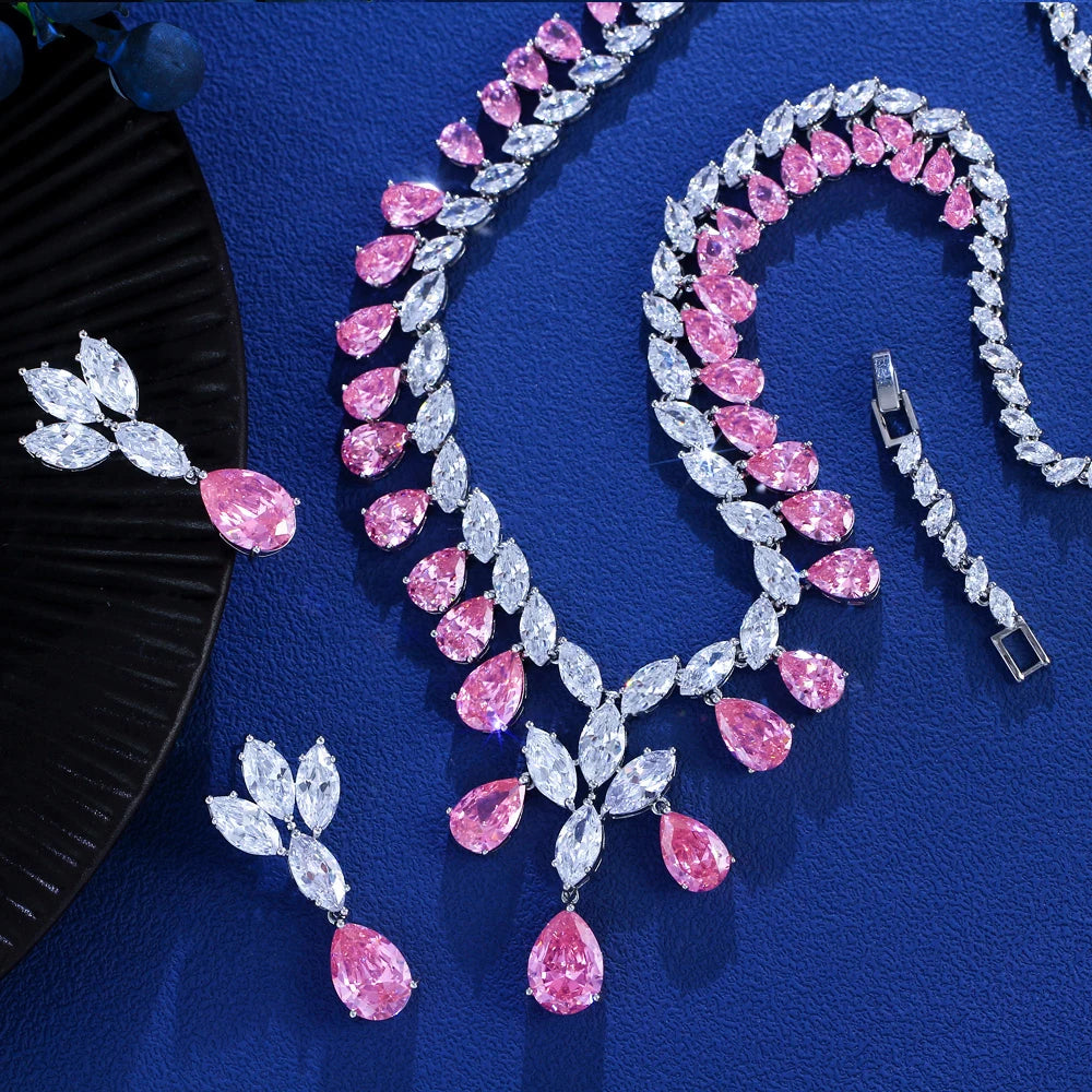 Super Luxury Cubic Zirconia Water Drop Shape Necklace and Earrings Wedding Bridal White Pink Jewelry Set for Women