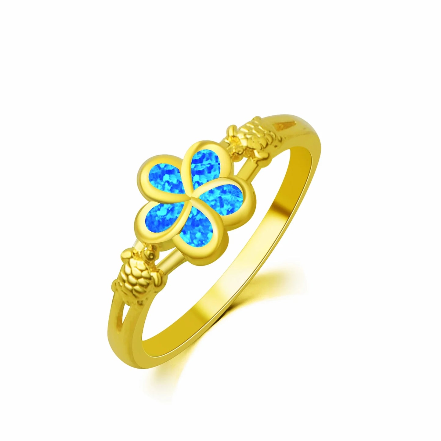 Cute Four-Leaf Clover Bee Opal Ring | Blue Iridescent Gem Gold-Plated Band | Lucky Nature-Themed Jewelry for Women Trendy Style