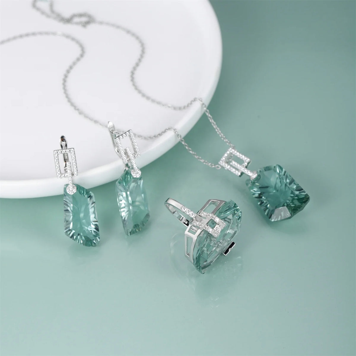 ArtistA Abiding Factory Custom Quadrilateral Green Amethyst Prasiolite 925 Silver Ring Necklace Earrings Jewelry Set for Dinner Party
