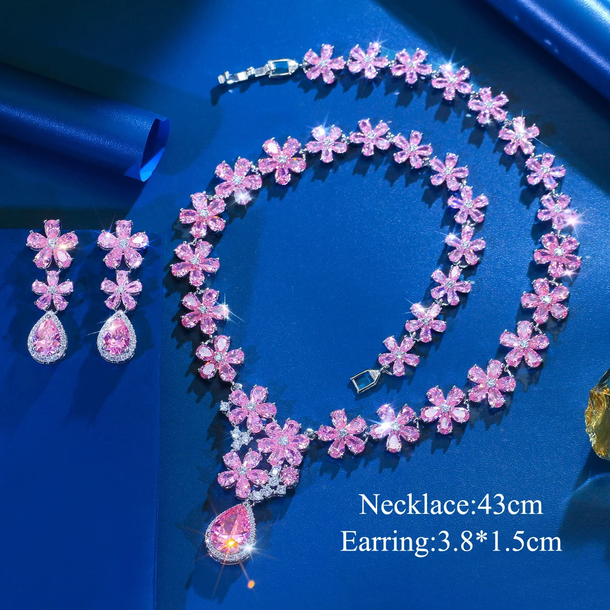 Charming Rhodium Plated CZ Jewelry Set Purple Flower Water Drop Necklace Earrings Jewelry Set for Women Brides Wedding Costume