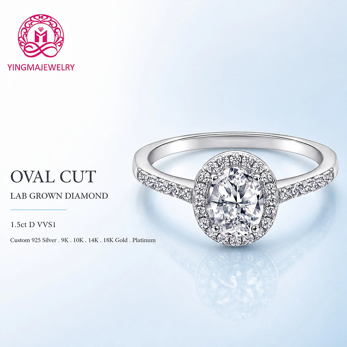 Gioiellieri Oval Cut Four Prong Single Halo Half Pave Shoulders Lab Grown Diamond Ring 1.5ct D VVS1 9K 10K 14K 18K Gold Women Fine Jewelry