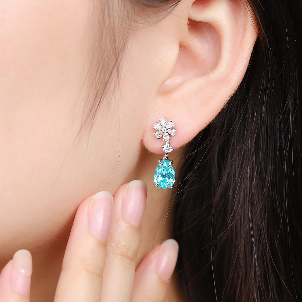 ArtistA Elegant Pear Cut Flower Shape S925 Sterling Silver Jewelry Paraiba Gemstone Silver S925 Earring