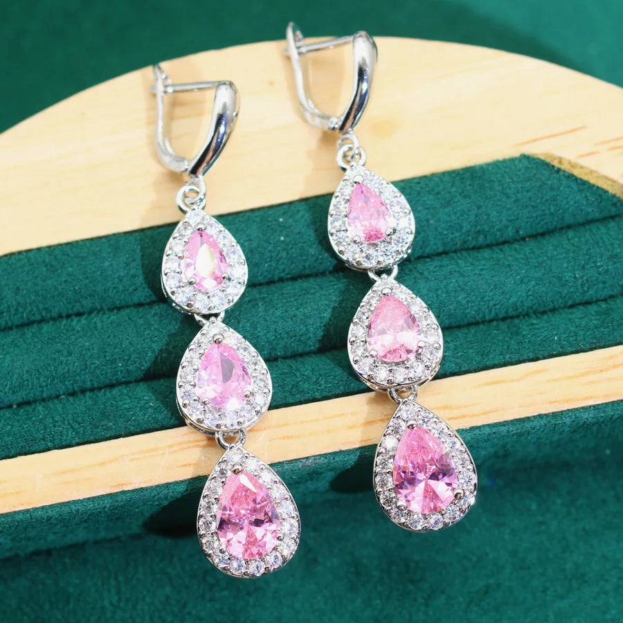 XOTICA 2024 New Pink Zirconia 925 Silver Women's Jewelry Sets Wedding Water Drop Earrings Rings Bracelets Pendant Necklace-for Parties