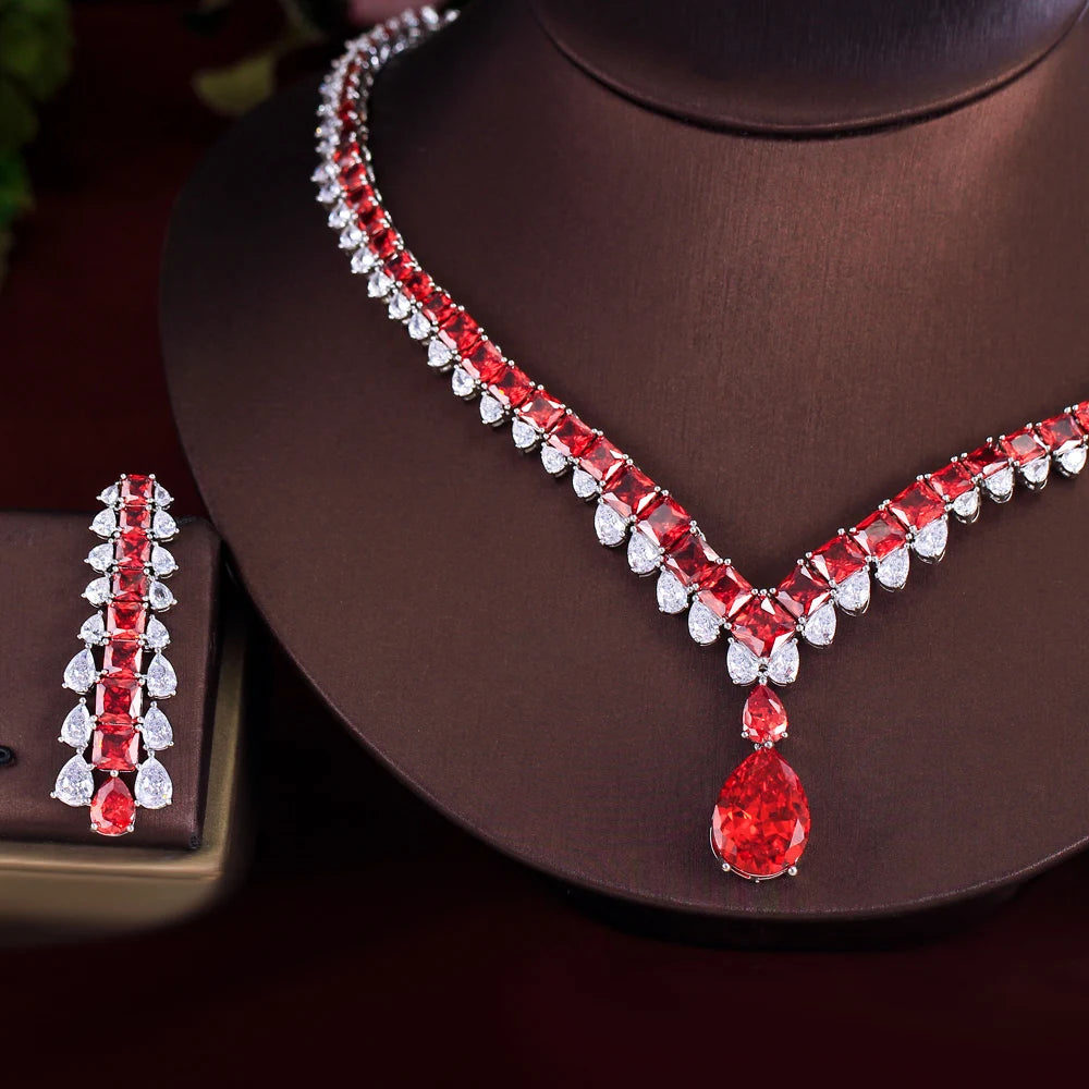 Luxury White Red Water Drop Zirconia Long Dangle Earrings and Necklace Bridal Wedding Party Jewelry Set for Women