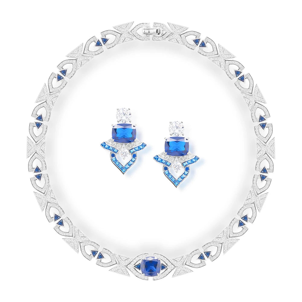 Deep Sea Luxury Cornflower Blue Zircon Brass Necklace Earrings 2-piece Set Sexy Women's Banquet Jewelry Indian Accessories